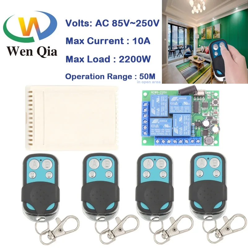 Wenqia Remote Control Switch AC 85V~220V 10Amp 2200W 4CH 433MHz Wireless Relay Receiver Controller for Garage\Bulb\light switch