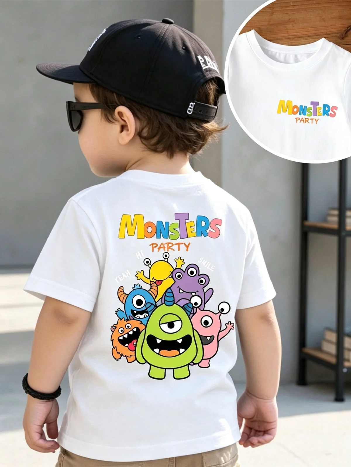 Monsters Party Cartoon Print Kids Cotton T‑Shirt Boys Short Sleeve Tee Front Back Double Print Casual Summer Children Tops