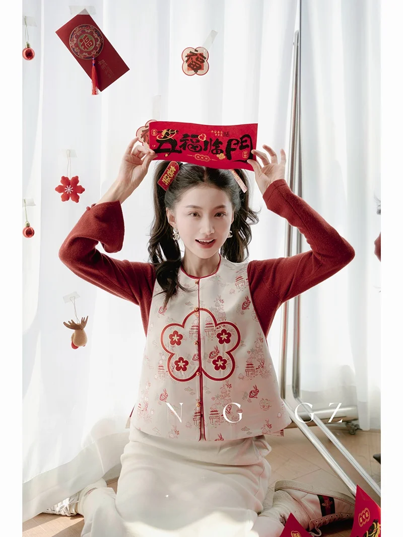 New Chinese Style Red Plum Blossom Design round Neck Open Cardigan Vest Women's Outerwear Loose Fit Embroidered Polyester Fiber