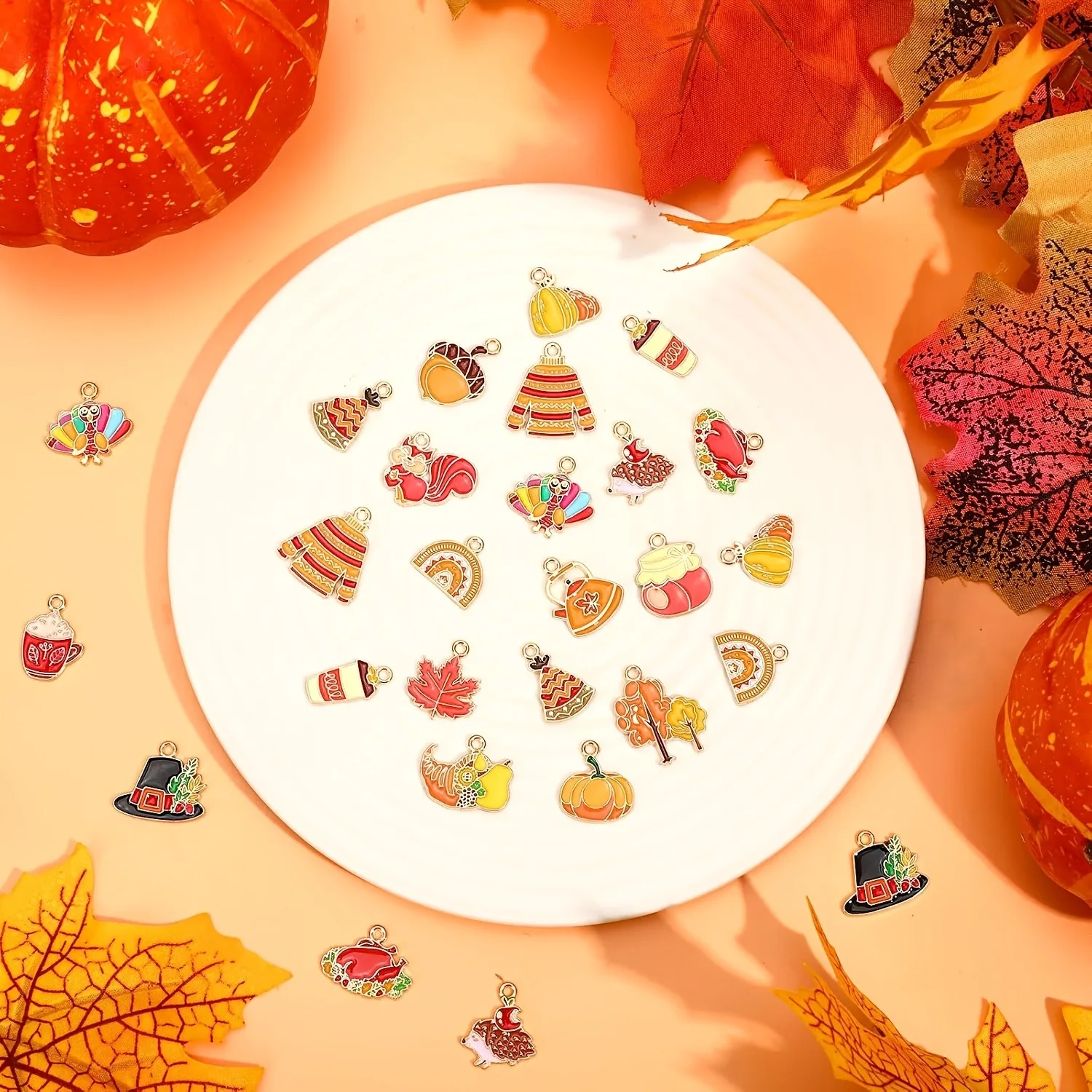 24/36PCS enamel alloy autumn pendants, Thanksgiving jewelry making pendants, autumn pumpkin maple leaf turkey enamel pendants
