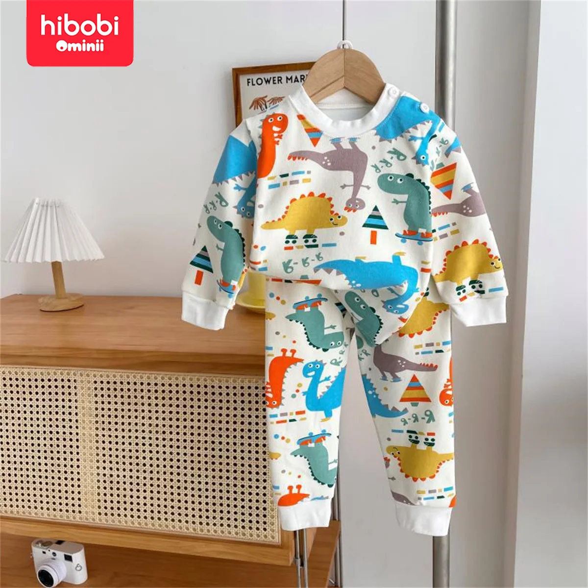 Hibobi-Conjunto de ropa interior de dibujos animados para niños, pijama de manga larga con estampado de dinosaurio pequeño, 2 piezas