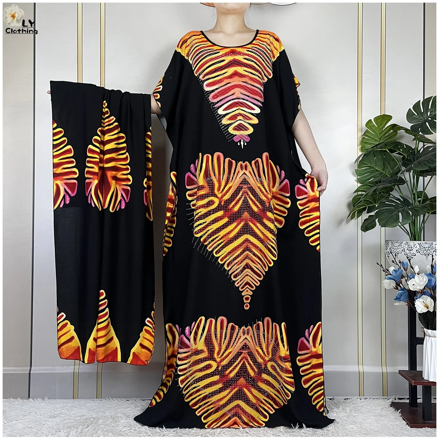 2024 Newest Muslim Party Dress With Big Scarf African Abaya For Women Loose Diamond Printed Floral Maxi Islam Femme Elegant Robe