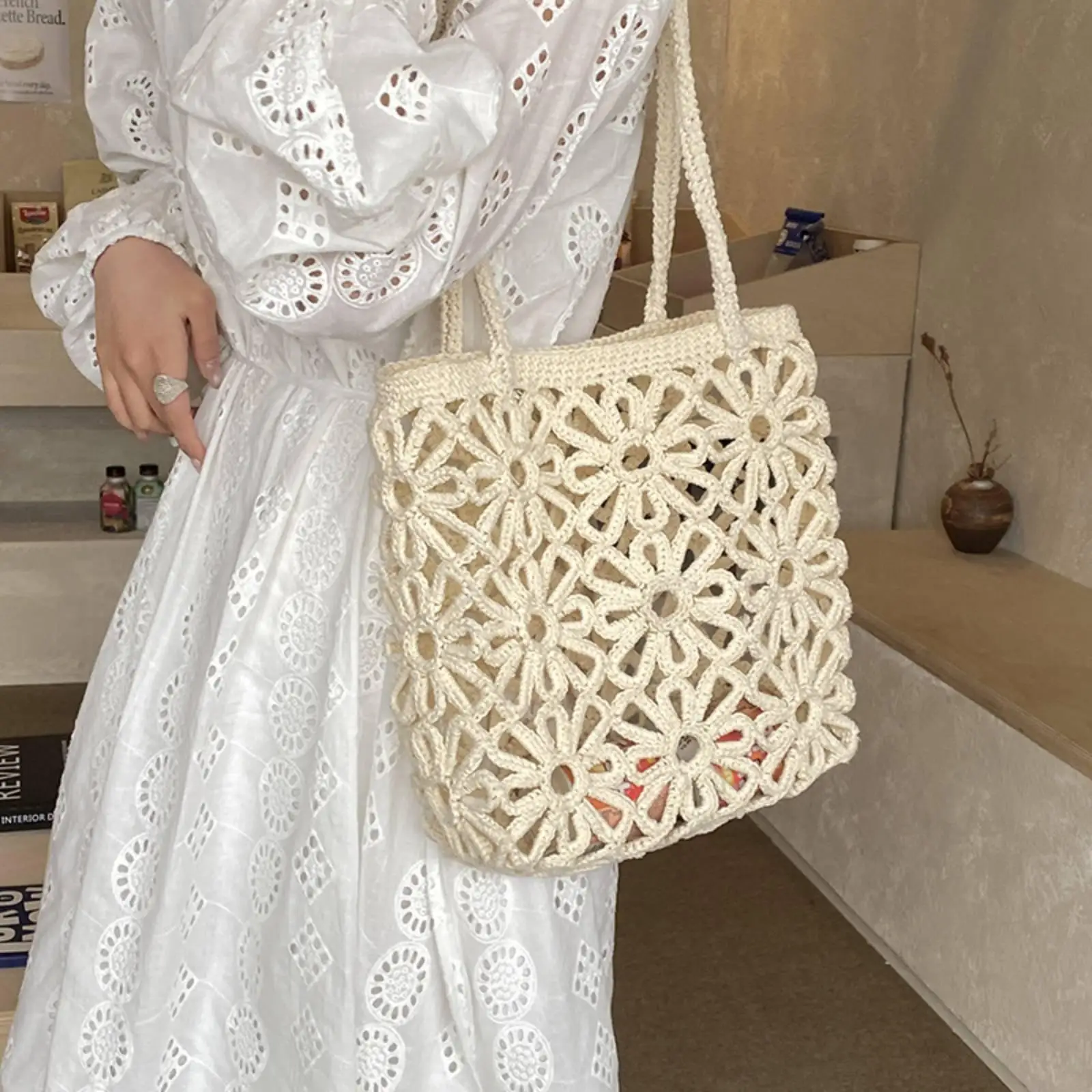 Handmade Knit Seaside Tote Boho Look Hollow Perforated Woven Bag Stylish