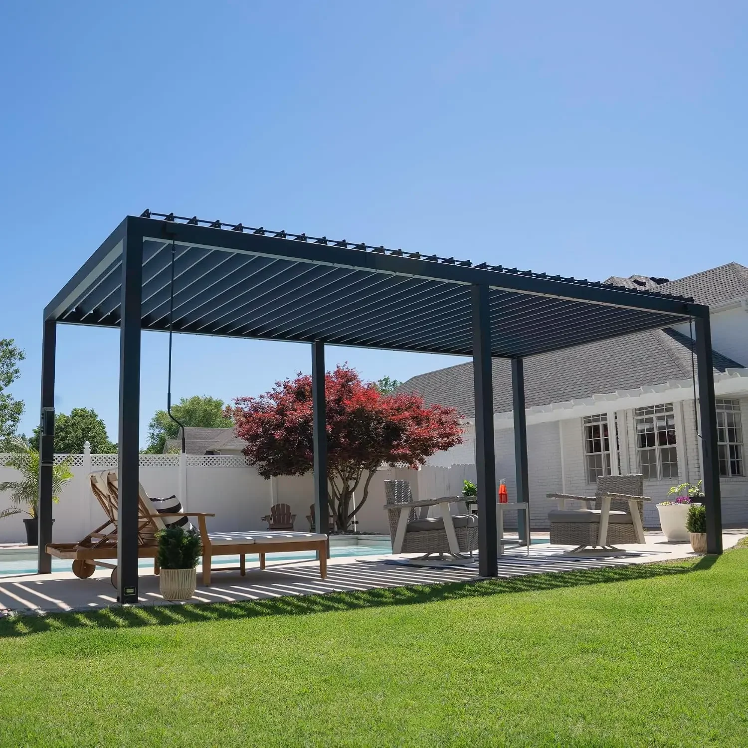 Sarasota 20' x 10' Galvanized Steel Louvered Pergola Kit with Adjustable Roof, Shade, Rain Protection, High-Wind Rating, Gutter