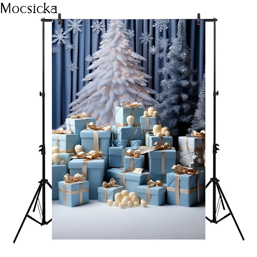 Mocsicka Christmas Kids Portrait Photo Backgrounds Soft Xmas Tree Blue Gift Box Candle Professional Photography Studio Props