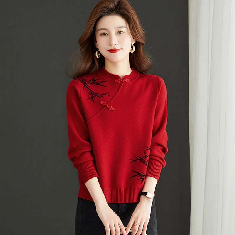 Autumn Winter New Vintage Short Style Tops Women Clothing Chinese Style Knitted Sweaters Fashion Chic Jacquard Pullovers