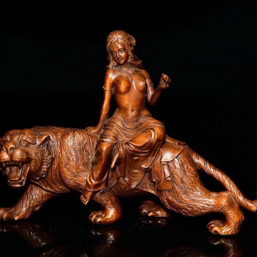 Hand Carved Boxwood Figurine Carving People Sculpture : Beauty and Tiger Pretty Girl  (14.5X10X4.5 CM)