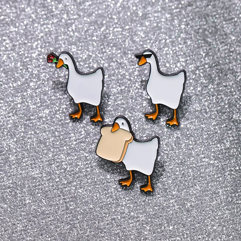 Cartoon Action Simulation Goose Game Badge Enamel Pins Funny Cool Goose Holding Bread Rose Hammer Brooch Jewelry Game Fans Gift