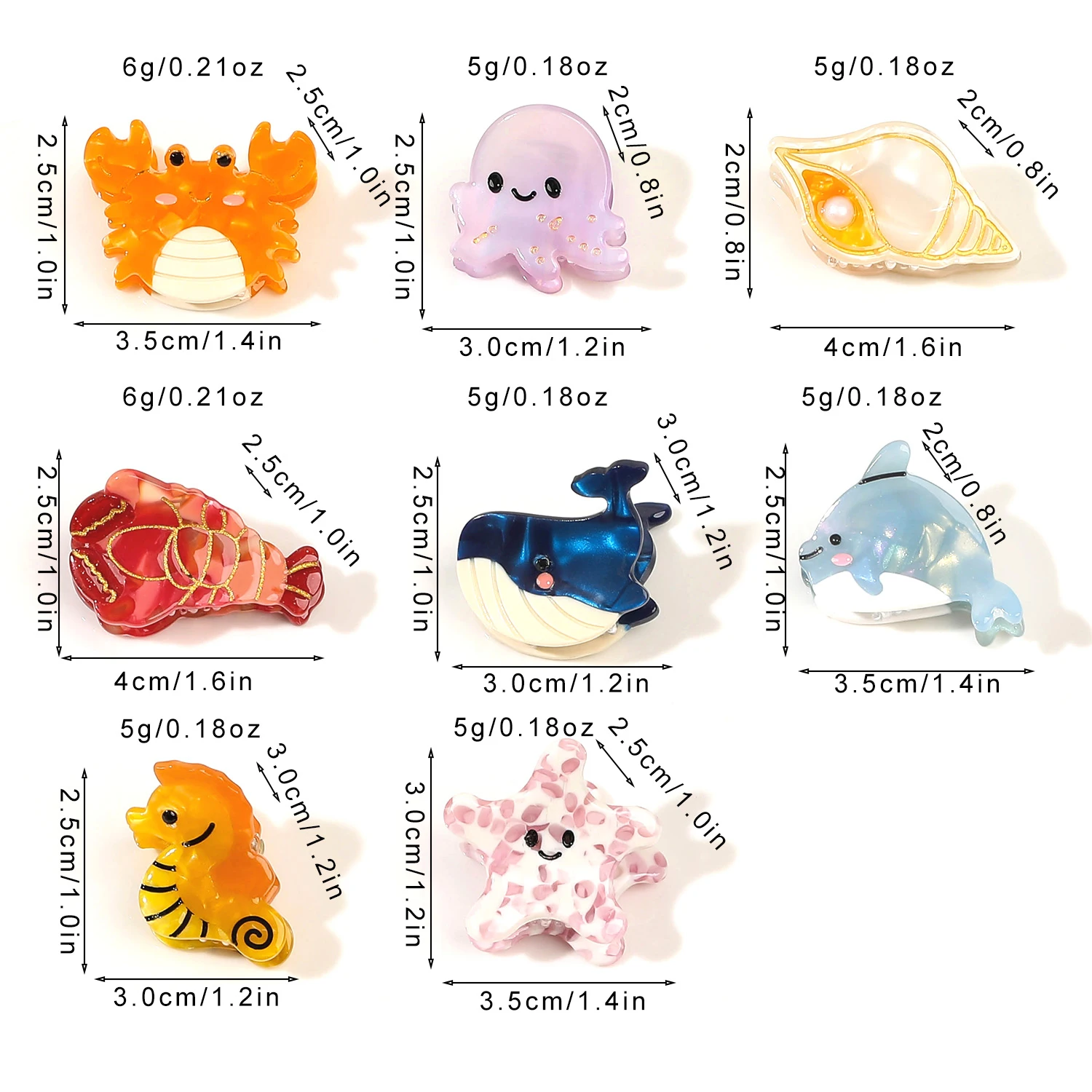 2 قطعة خلات المحيط الحيوان مقاطع الشعر للنساء عدم الانزلاق الصيف الشاطئ اكسسوارات كراب نجم البحر الحوت متعددة حزمة الهدايا