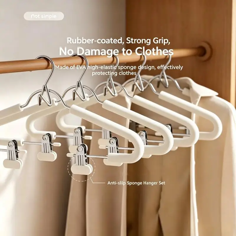 Non Slip Sponge Clothes Hangers Adjustable Traceless Clips Anti Slip Grip Pants Skirts Suit Wardrobe Closet Storage Accessories