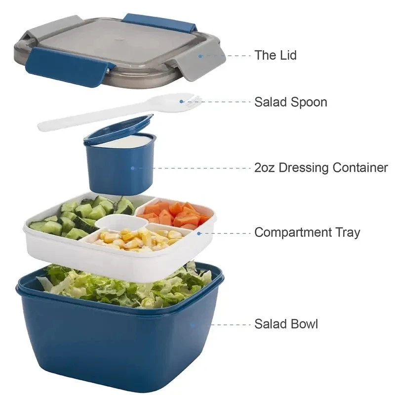 Microwave Lunch Box Portable Bento Box Salad Container Salad Bowls 2 Compartments with Salad Dressing Container Food Containers