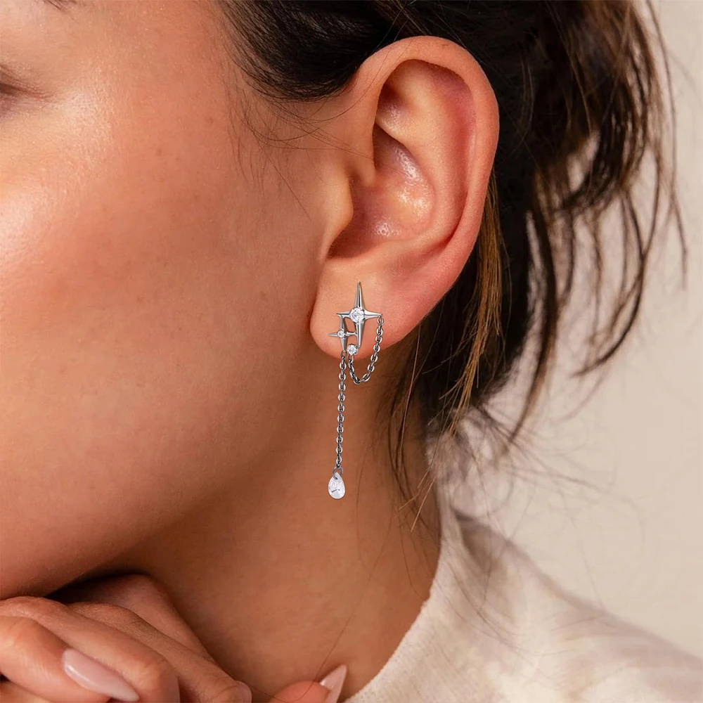 ASTM F136 G23 Titanium Flat Back Star Ear Stud With Chain Pendant 16G CZ Cartilage Helix Lobe Tragus Earring Piercing Jewelry