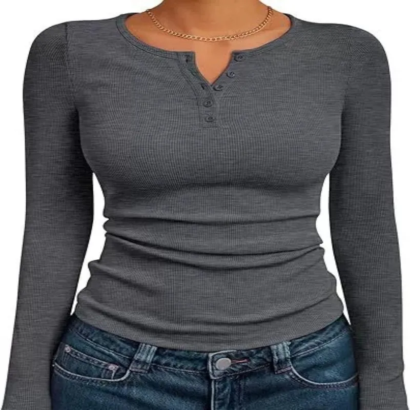 Frauen Herbst Frühling Top O Neck Button Langarm Shirts Einfarbig Slim Fit Pullover T-shirt Bluse Einfache Stil Dame Kostüm – Detail 15