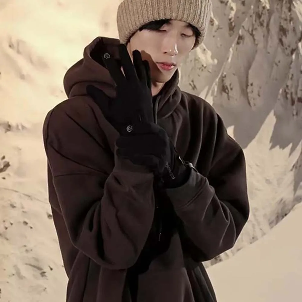 Polar Fleece 2 Finger Flip Gloves Soft Anti-slip PU Anti-cold Mittens Touch Screen Contrast Color Plush Thickened Gloves Winter