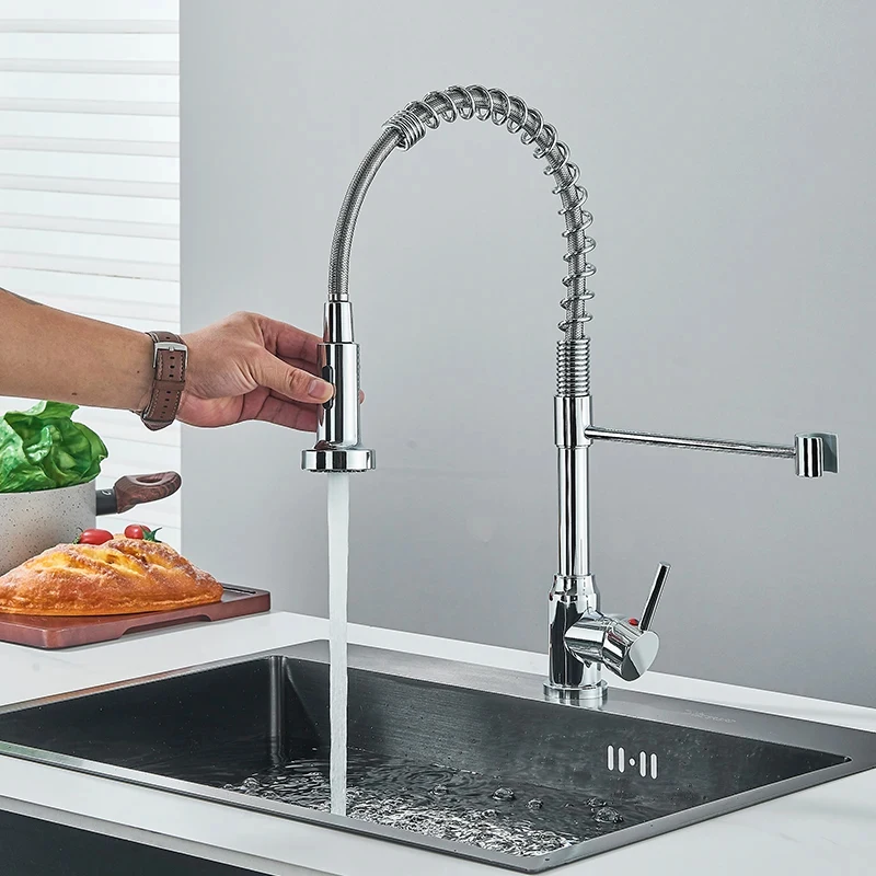 Chrome Spring Pull Down Kitchen Faucets Stream Spray Head Hot Cold Water Tap Stainless steel Rotation Kitchen Mixer Tap Crane