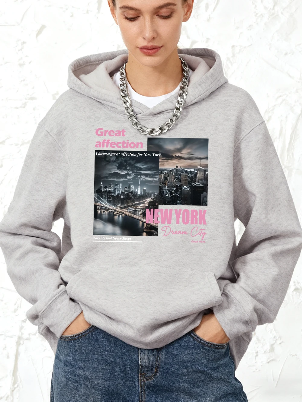 

Хлопковая толстовка с принтом New York Dream City, женская зимняя свободная толстовка, флисовый теплый пуловер для бега, повседневные базовые топы с карманами