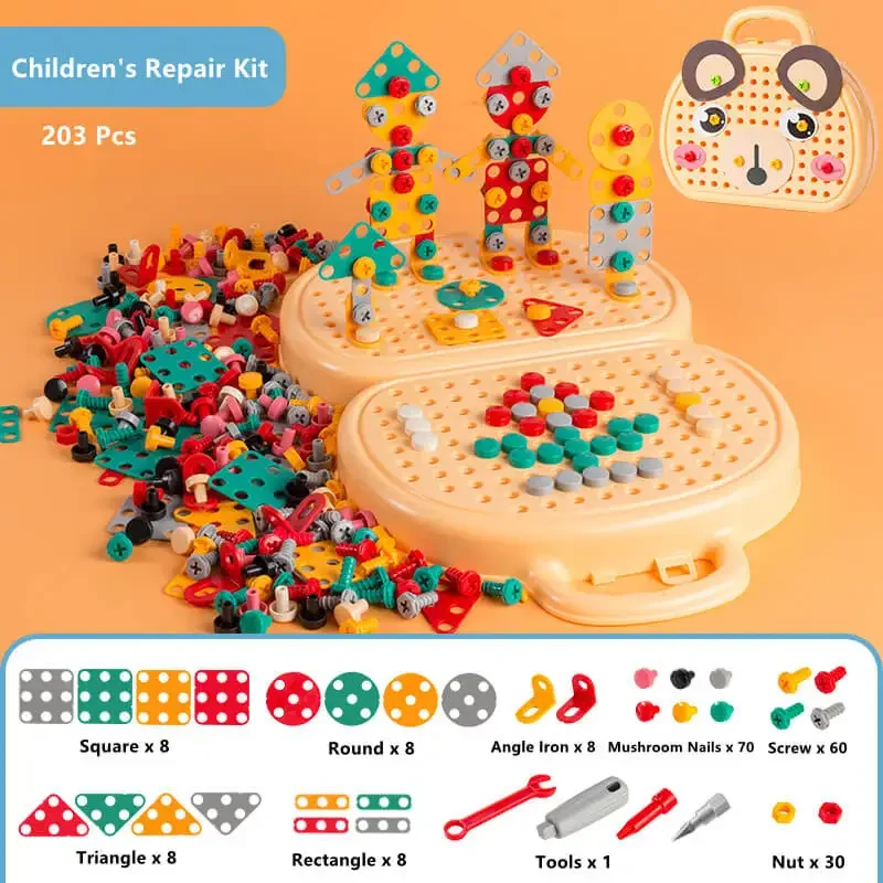 203pcs cute dog bear Children Diy Repair Toolbox Creative Mosaic Puzzle Toy With Electric Drill Screw Tool Set for kids toys