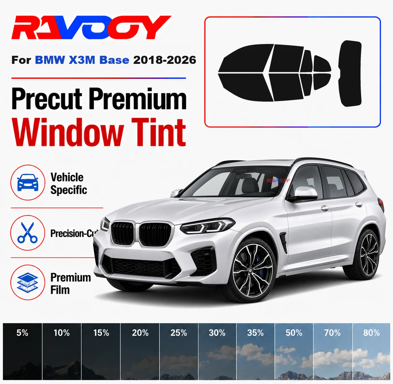 

Premium Precut Window Tint Kit Front Windows Rear Windows Rear Windshield For BMW X3M Base 2018-2026 Car Solar Nano Ceramic Film