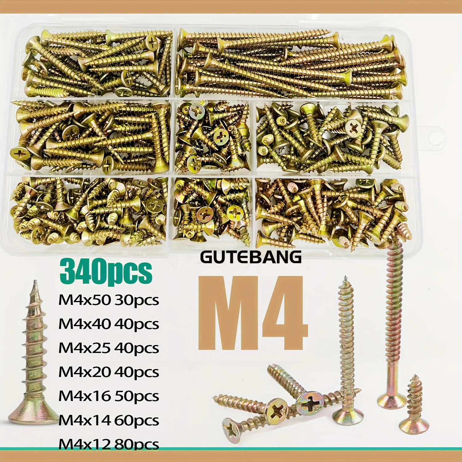 Juego de tornillos para madera de 340 piezas, tamaño M4, diseño avellanado, tornillos para madera, acero al carbono zincado, cabeza Phillips