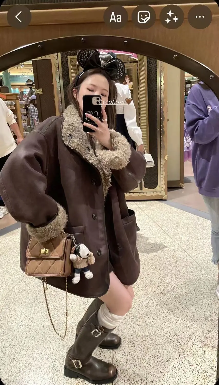 

Reversible Heavy Duty Leather Shearling Jacket Women Winter Warm Loose Fit New