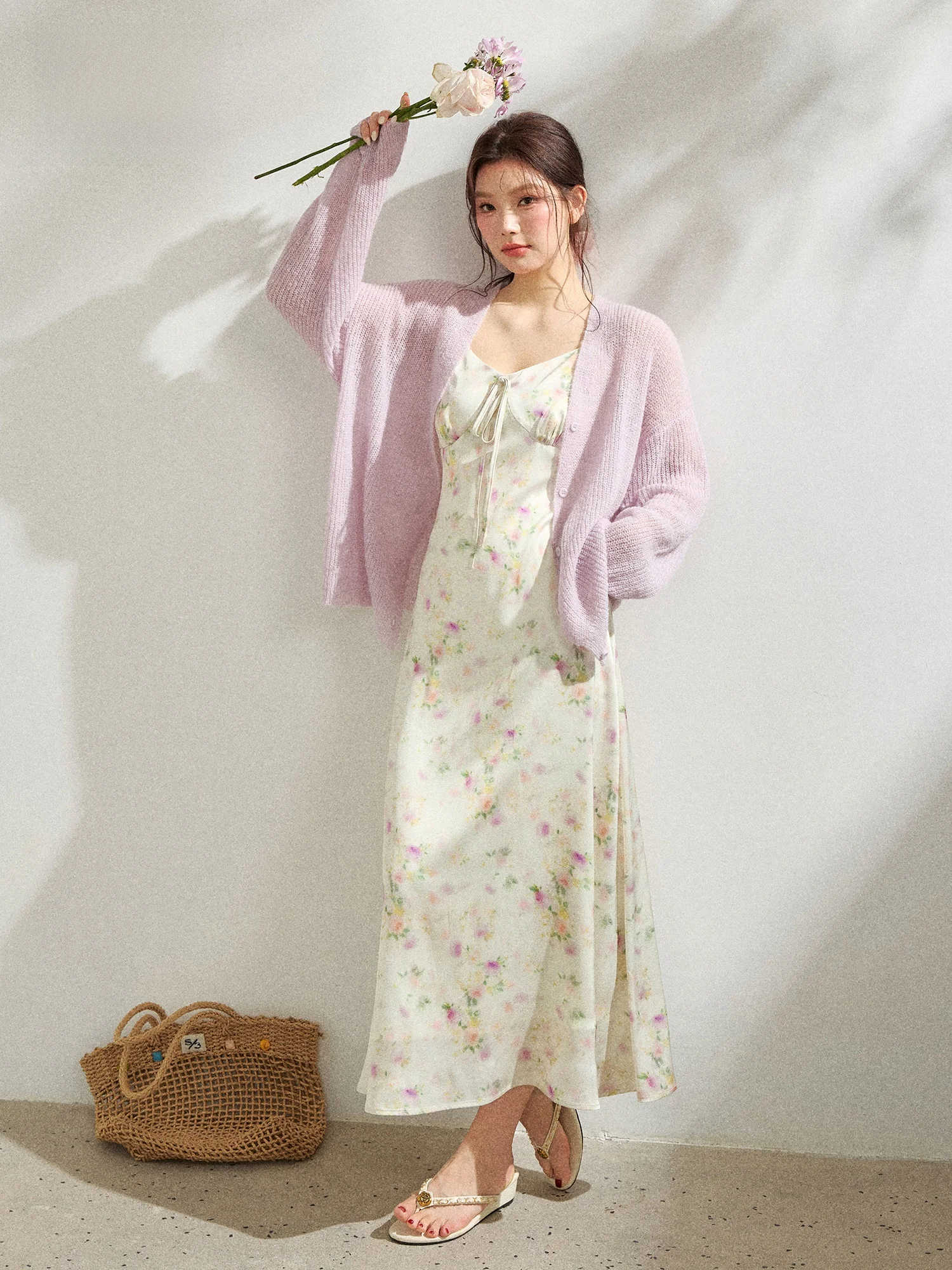 

plus Size Women's Floral Print off oulder Long Dr Pink Open Cardigan Set Casual High Waist A-Line Skirt Korean Sle