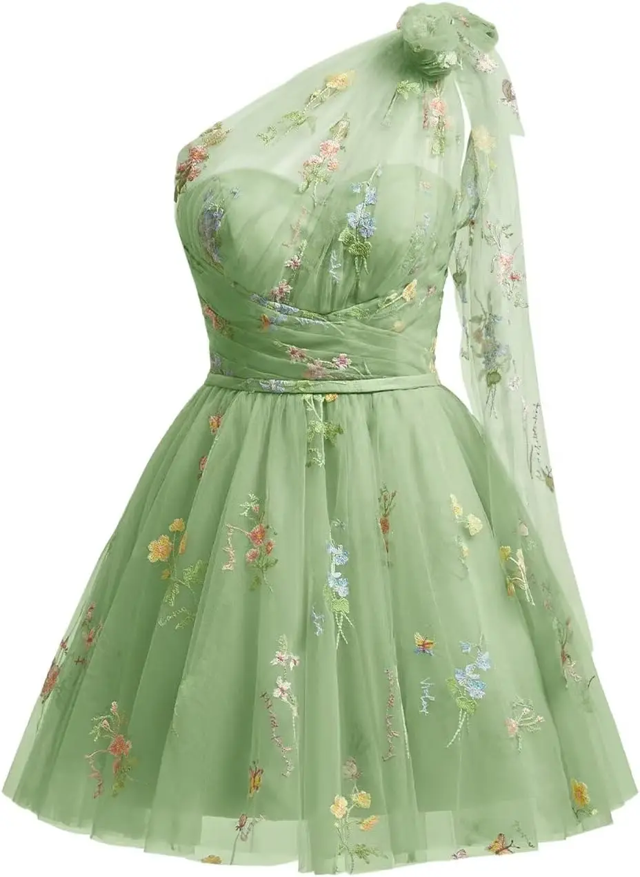 

Мини-платья для встречи выпускников выше колена для подростков, платье для выпускного вечера с цветочной вышивкой, короткие коктейльные платья на одно плечо 2024