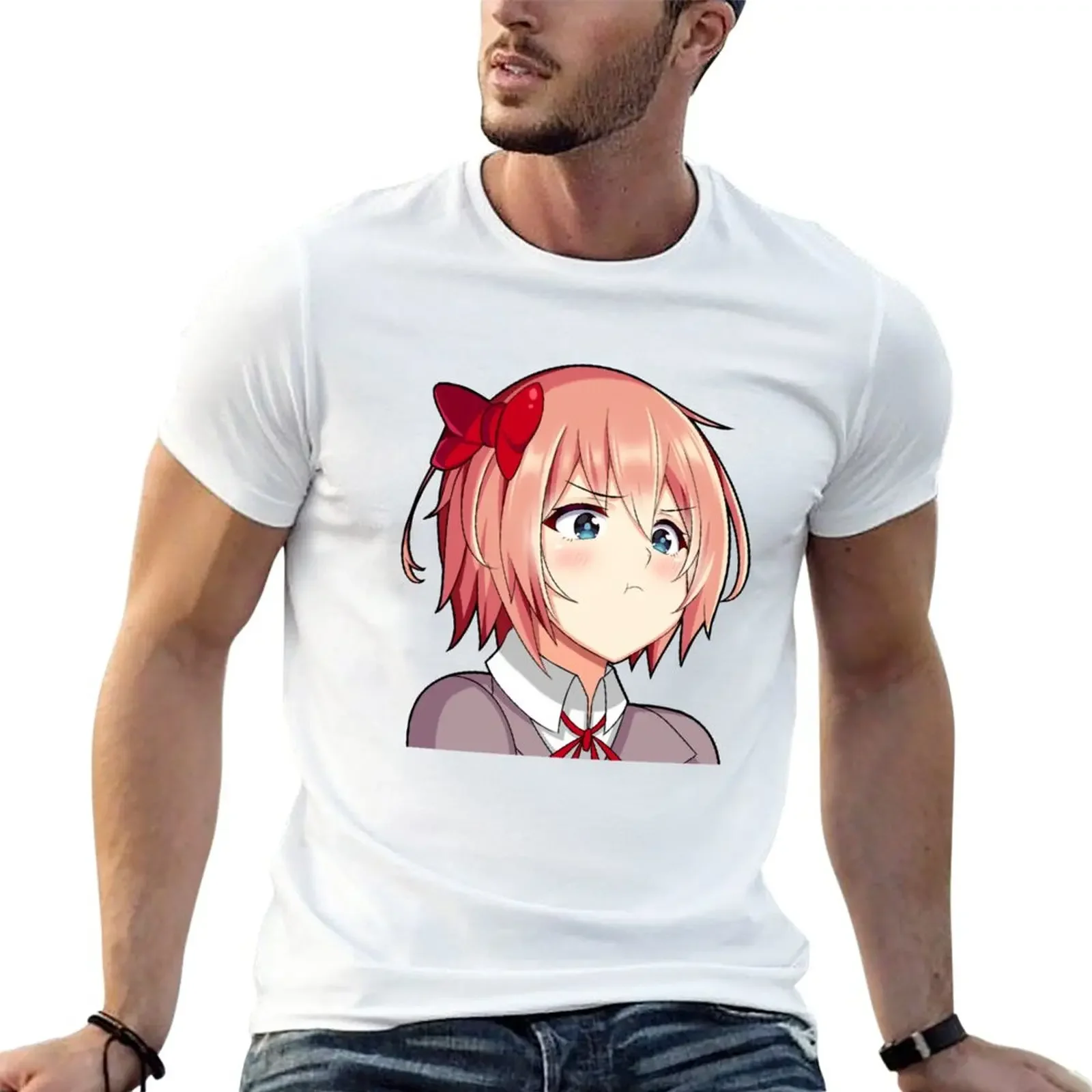 New Sayori Cute Kawaii Anime Girl Pouting T-Shirt custom t shirt summer tops shirts men