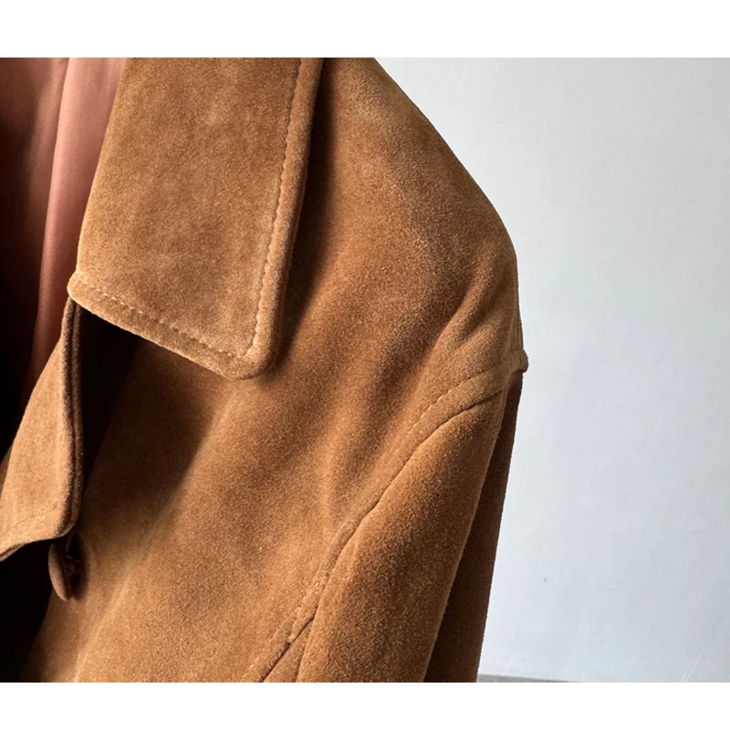 2025 ฤดูใบไม้ร่วงVINTAGEสีน้ําตาลผู้หญิงของแท้หนังสั้นชุดสูทSingle-breasted Goatskinเด็กเสื้อแจ็คเก็ตหนังนิ่มหญิง