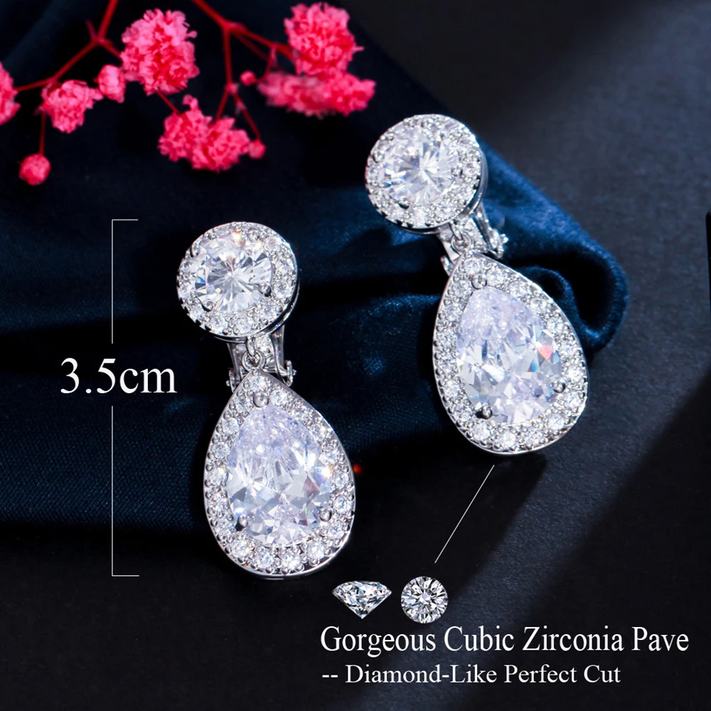 BeaQueen Sparkling Water Drop Full Cubic Zirconia Pave Brides Jewelry Clip on Dangle Earrings for Women Without Piercing E497