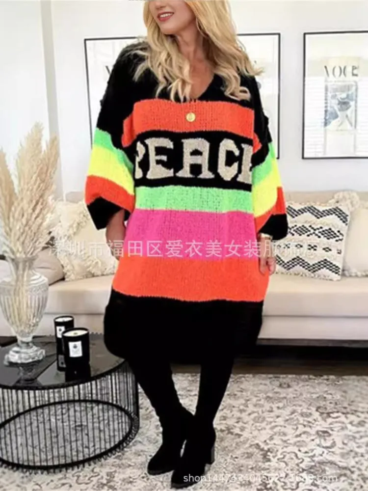 Rainbow Stripe Extra Long Knitted Sweaters Women Fashion Loose V-neck Knitting Maxi Pullover Sweater Female Autumn Winter New