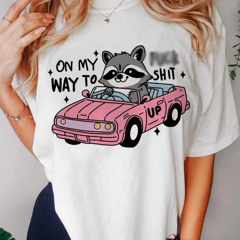 Cute Raccoon 90s Fun Pattern T-Shirt Women's Fashion Short Sleeve T-Shirt Top Women's Casual Clothing Women's Printed T-Shirt