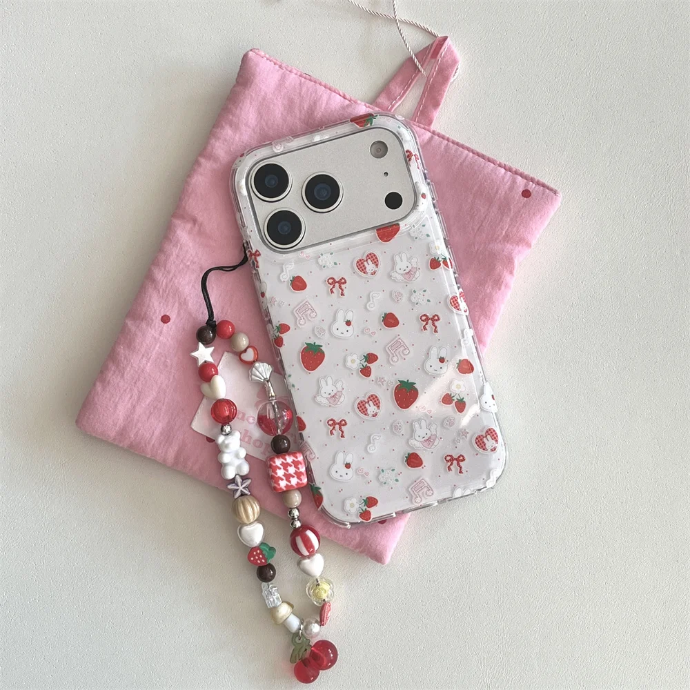 Niedliche Erdbeer-Kaninchen-Handyhülle für iPhone 17 14 15 Pro 16 Pro Max – Polka Dots Cartoon Stoßfeste Schutzhülle mit Scharnier – Detail 1