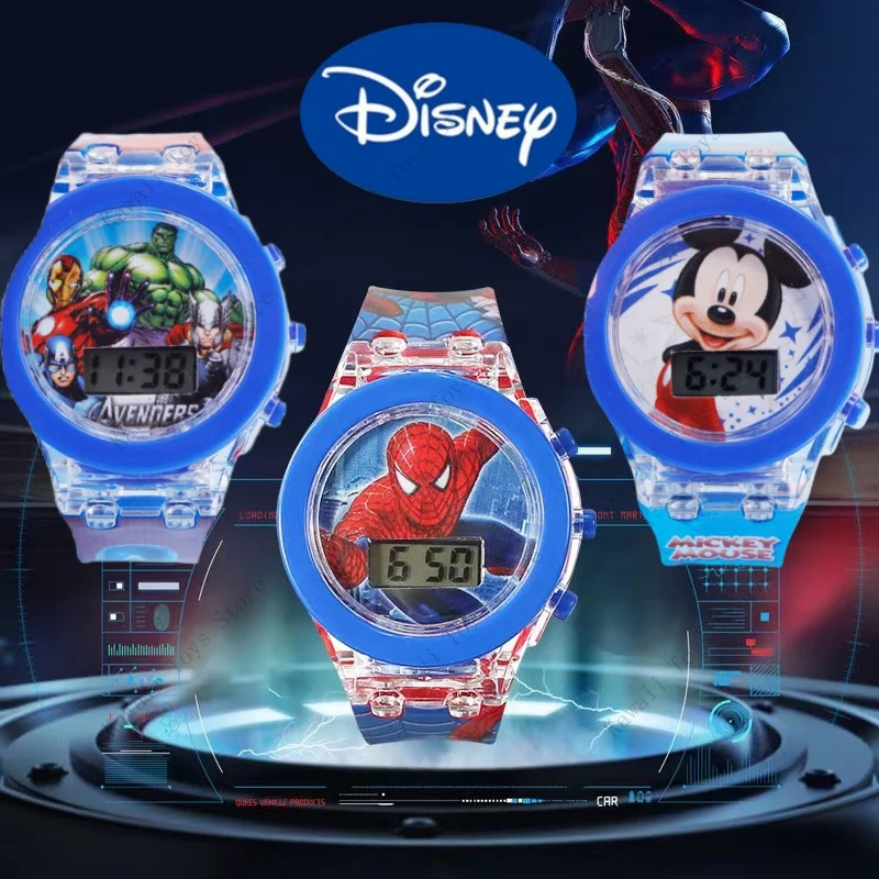 

Disney Marvel Flash Light Spiderman Hulk Kids Watches for Boys Cartoon Shark Mickey Children Watch Girls Student Clock Gifts