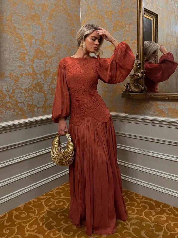 Elegantes, plissiertes, langes Kleid mit Laternenärmeln für Damen, O-Ausschnitt, Falten, lockere Urlaubs-Strandkleider, 2025, Sommer-Pendler-Chic, Vestidos