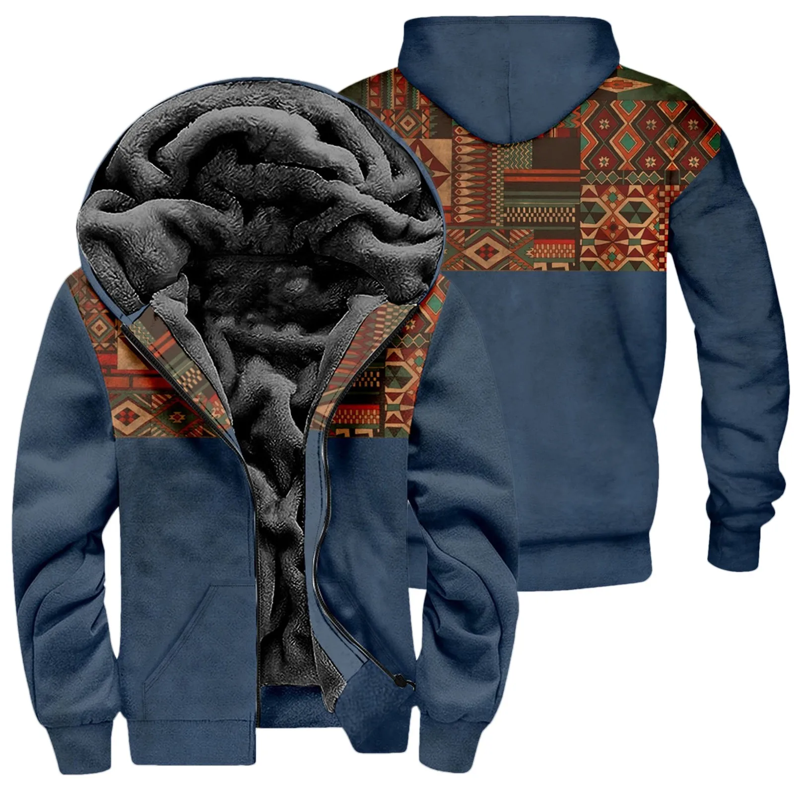 

Western Ethnic Mans Fleece Hoody Jackets Winter Casual Outdoor Hooded Zipper Jackets Aztec Geometric Loose Sweatshirts Jackets