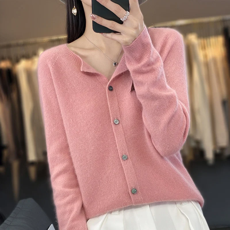 New Fashion Spring Pure Merino Wool Women's O-neck Cardigan Cashmere Sweater Female Clothing Grace Knitwear Lady Korean Tops