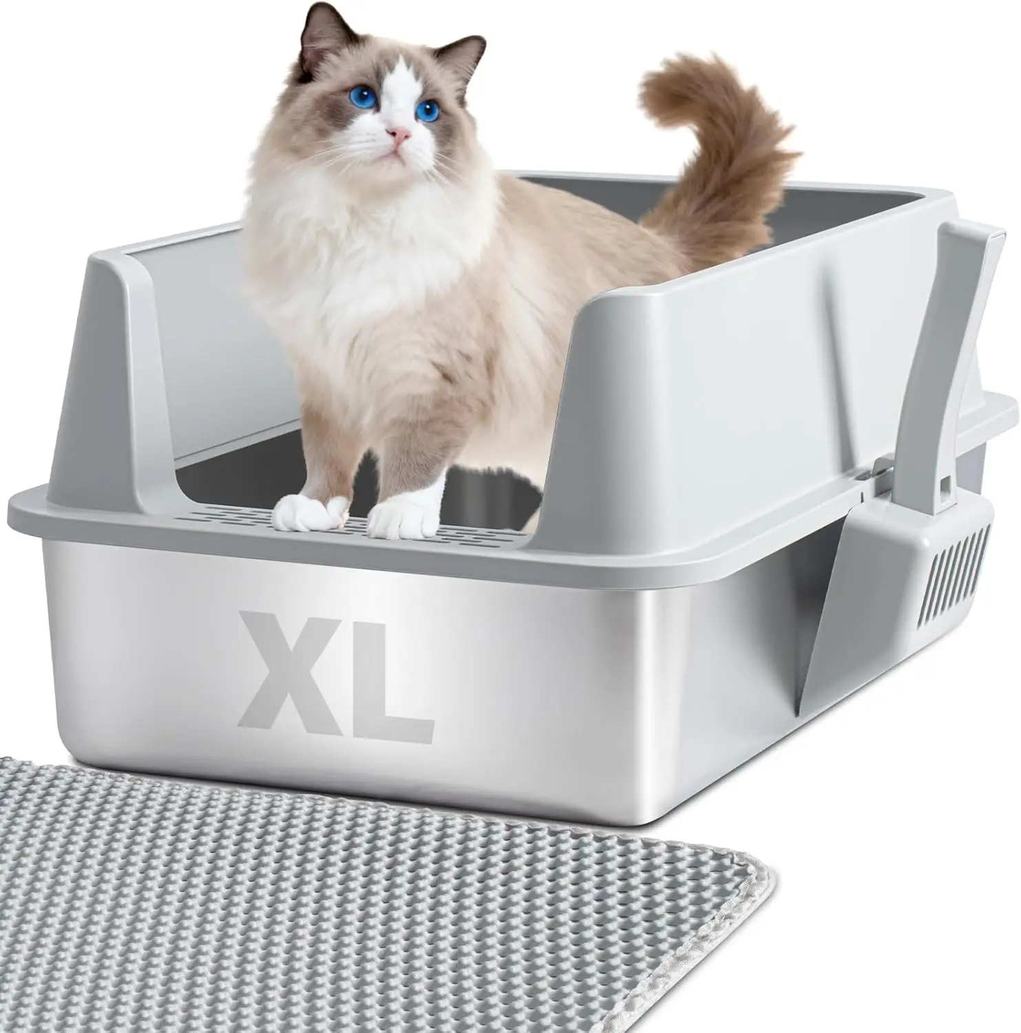 

XL-лоток для кошачьего туалета из нержавеющей стали с крышкой, защита от протеканий для крупных кошек, антипригарный, без запаха, в комплекте совок и коврик