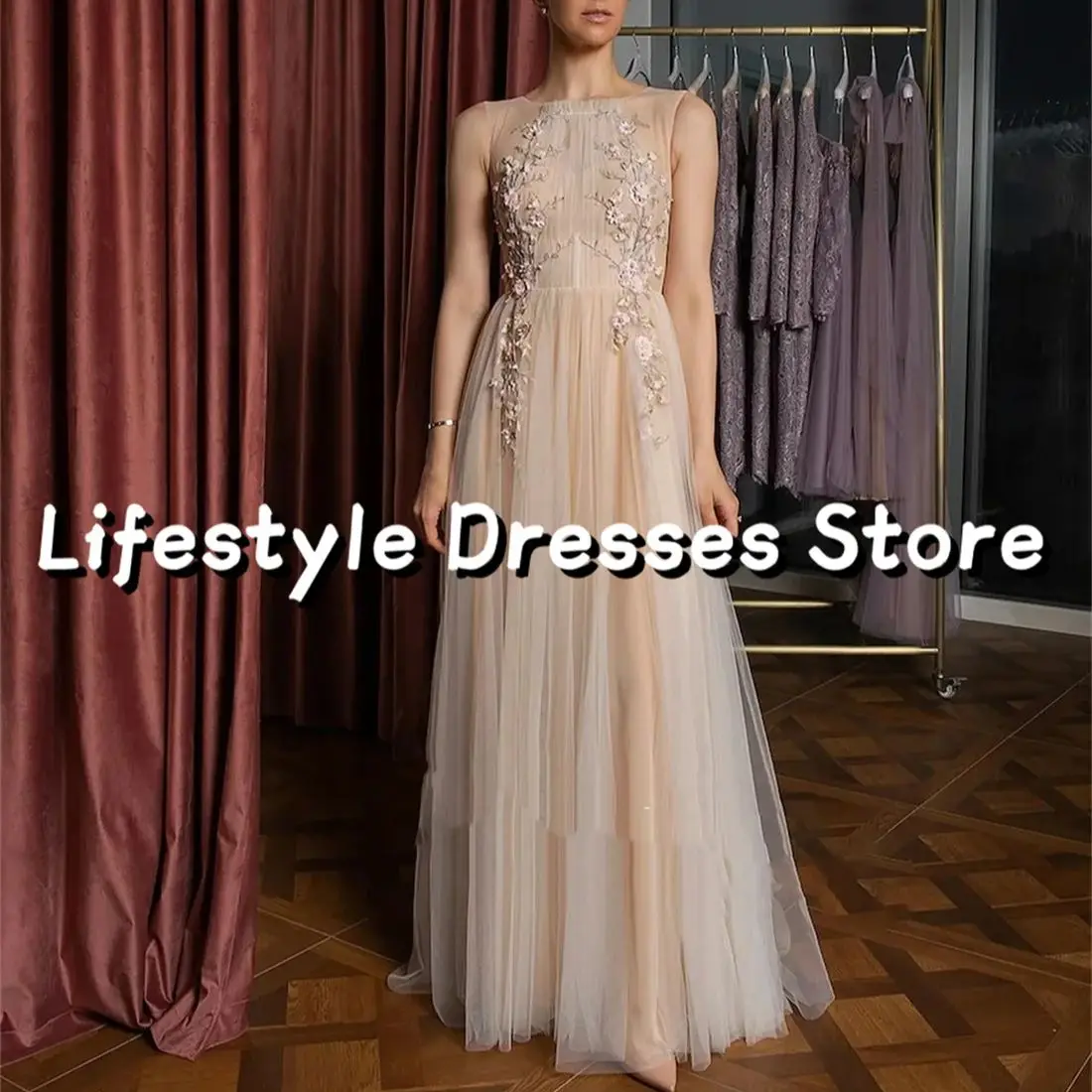 

Sleeveless Tulle A-line Prom Dress With Floral Applique Elegant Evening Dresses 2024 Party Gown