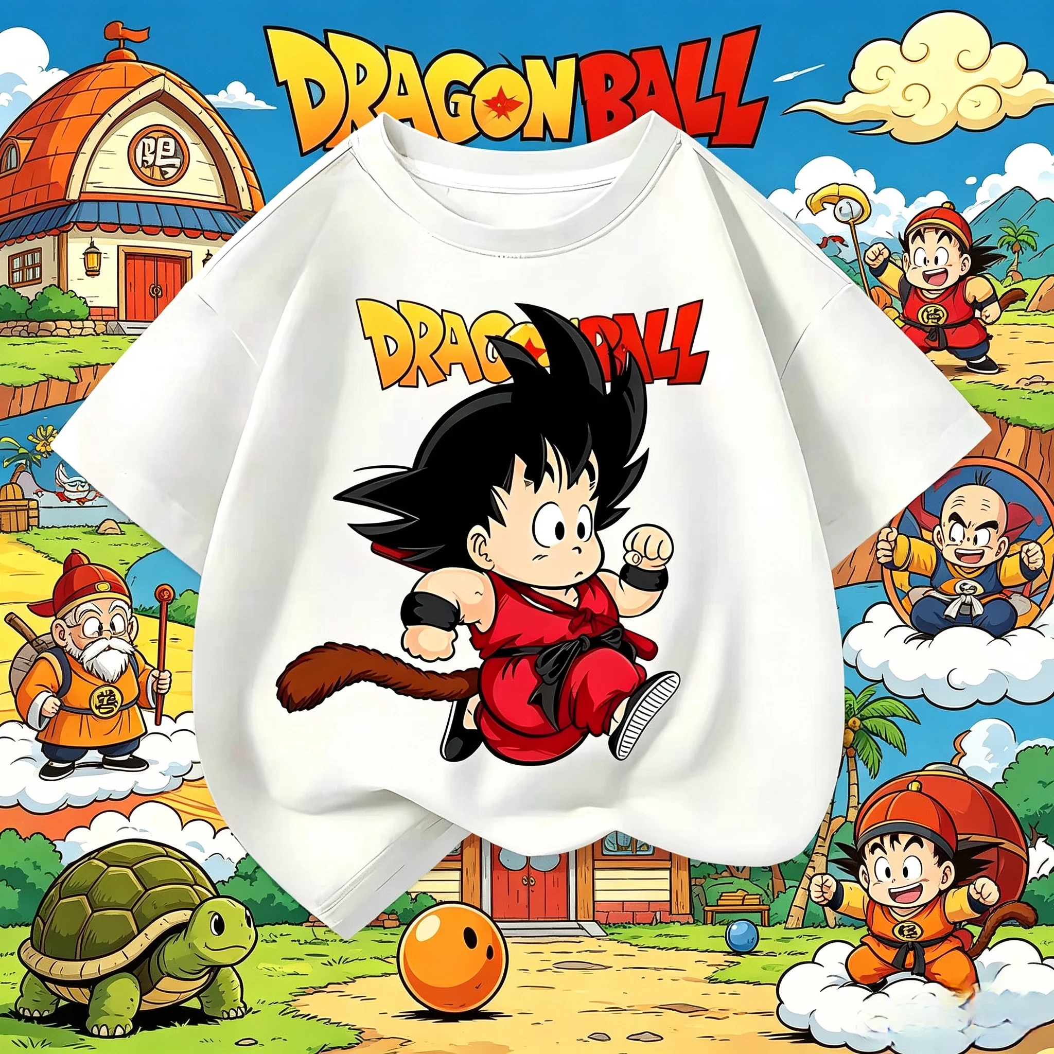 Dragon Ball Kid Goku Monkey Tail Graphic Cotton T-Shirt, Boys Girls Harajuku Streetwear Anime Children Short Sleeve Tee