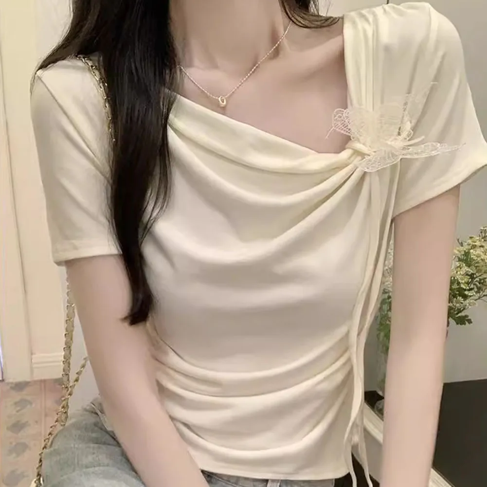 

Casual Pleats Top Womens Butterfly T-Shirt Casual Outings All Seasons Wear Daily Use Apparel High Stretch Fabric