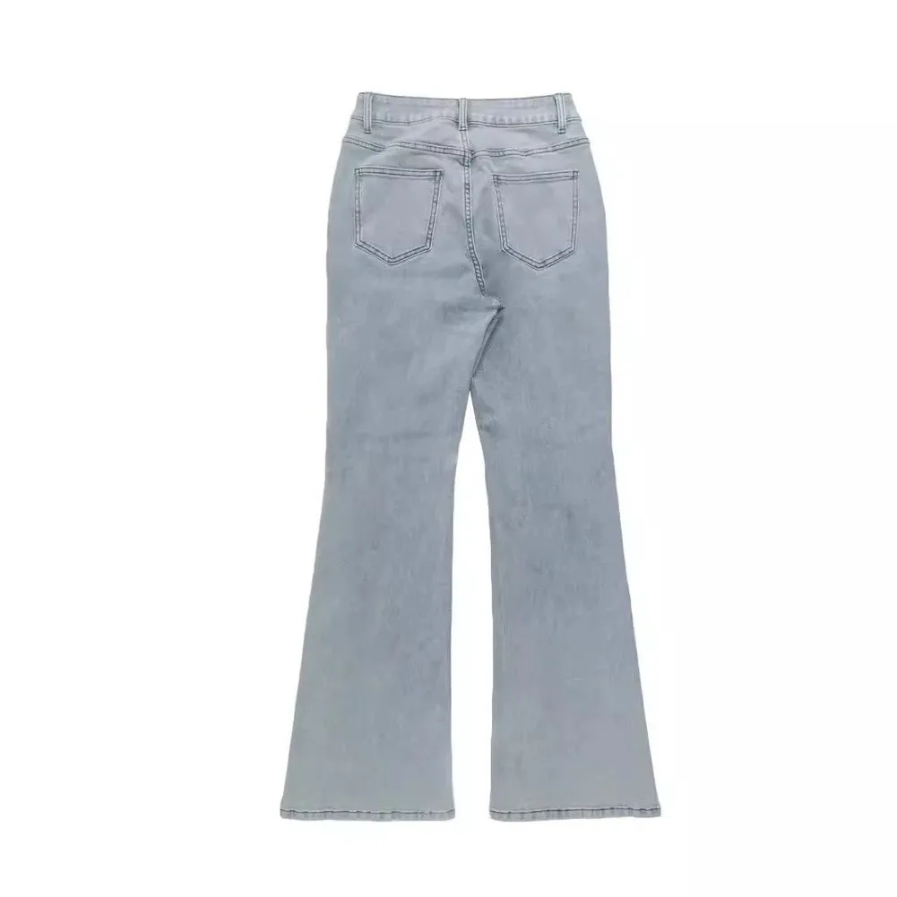 Women's Flared Jeans Pants High Waist Slim Elastic Distressed Washed Trousers Solid Color Full Length Casual Streetwear