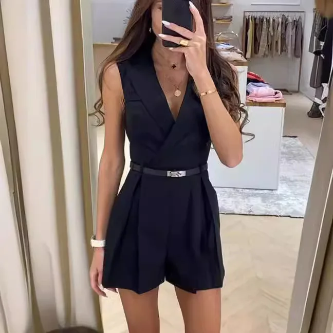 Casual Sleeveless Jumpsuit For Women Solid Color Slim Fit Lapel Jumpsuit 2024 Fashion New Temperament Commuter Jumpsuit For Lady