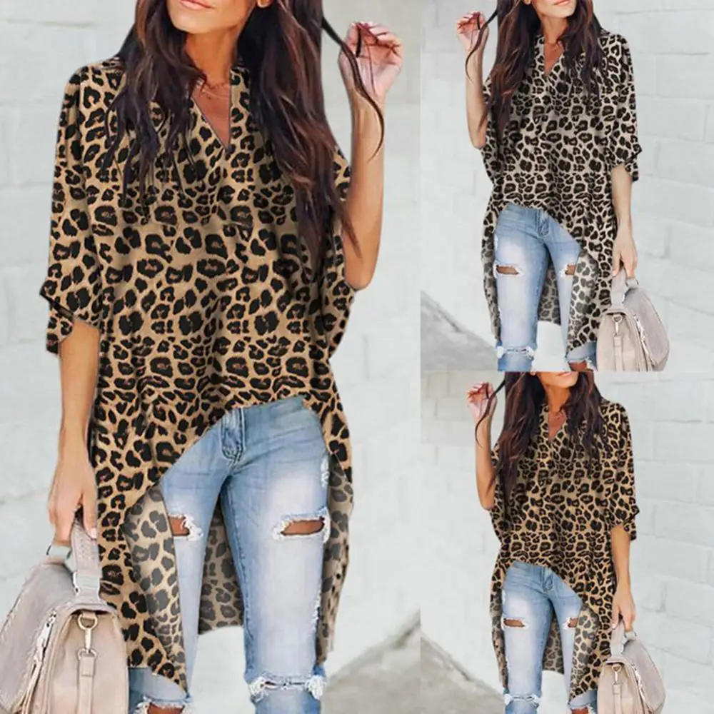 Women Leopard Irregular Blouse Short Front Long Back V-neck Long Sleeve Tops Fashion New Ladies Loose Shirts Autumn Spring