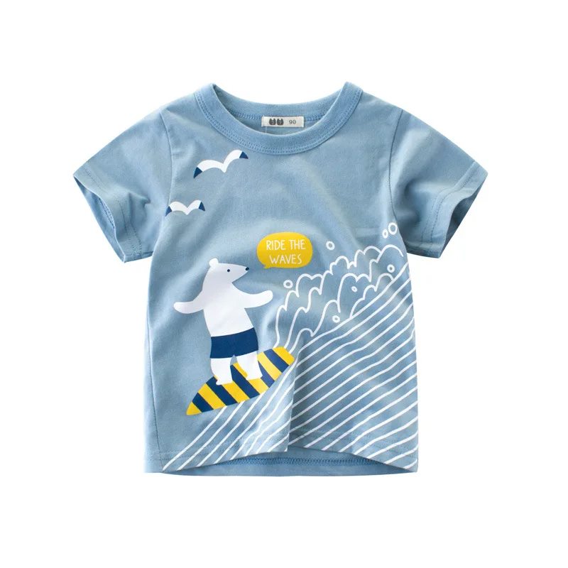 OLEKID 2024 Summer Children Boys T-shirts Cartoon Patch Printed Whale Baby Boy Short Sleeve Tops 2-8 Years Kids Toddler Clothes