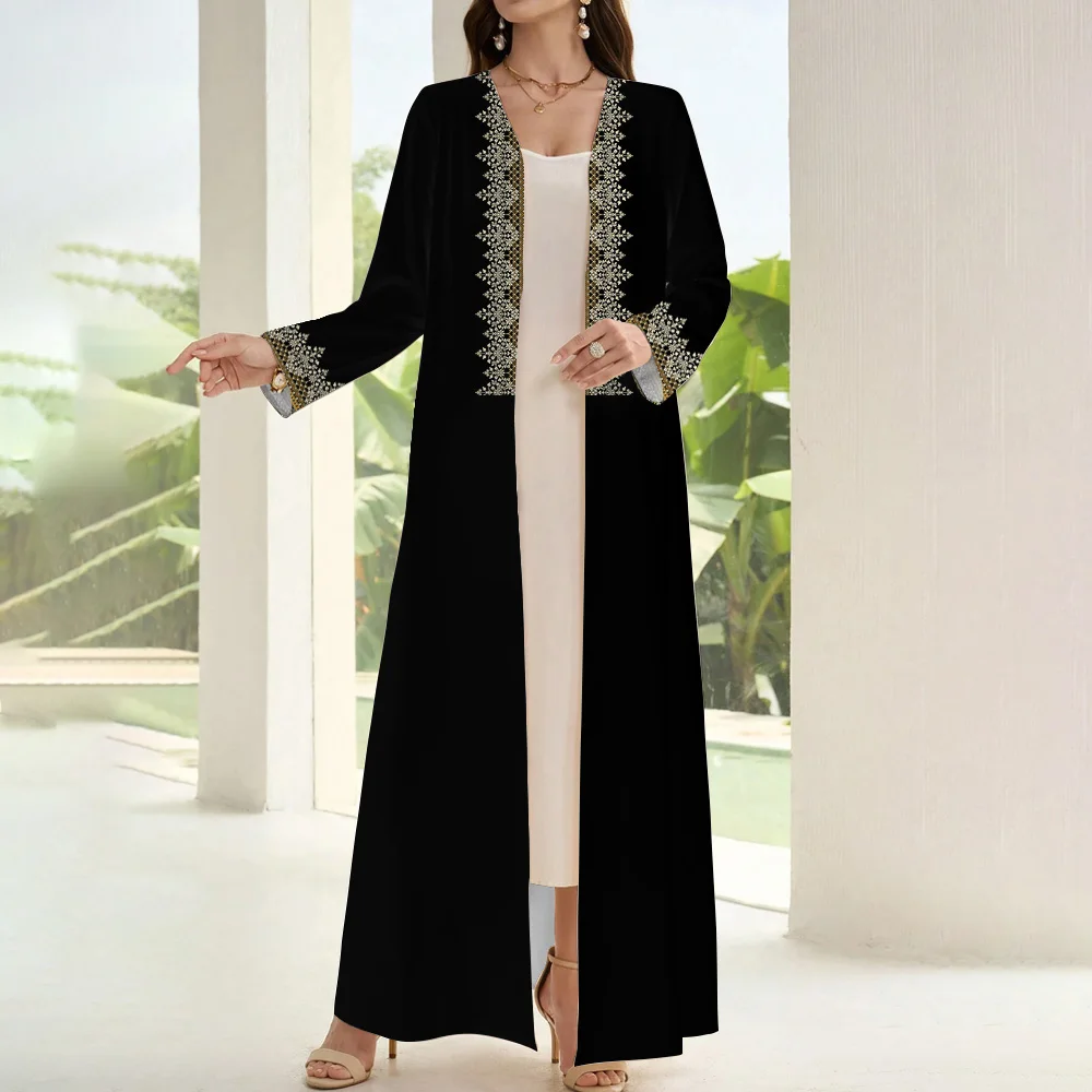Demure Muslim Islamic Open Kimono Abaya Women Two Pieces Long Sleeve Arab Turkey Coat Abaya Dubai Luxury Print Marocain Cardigan