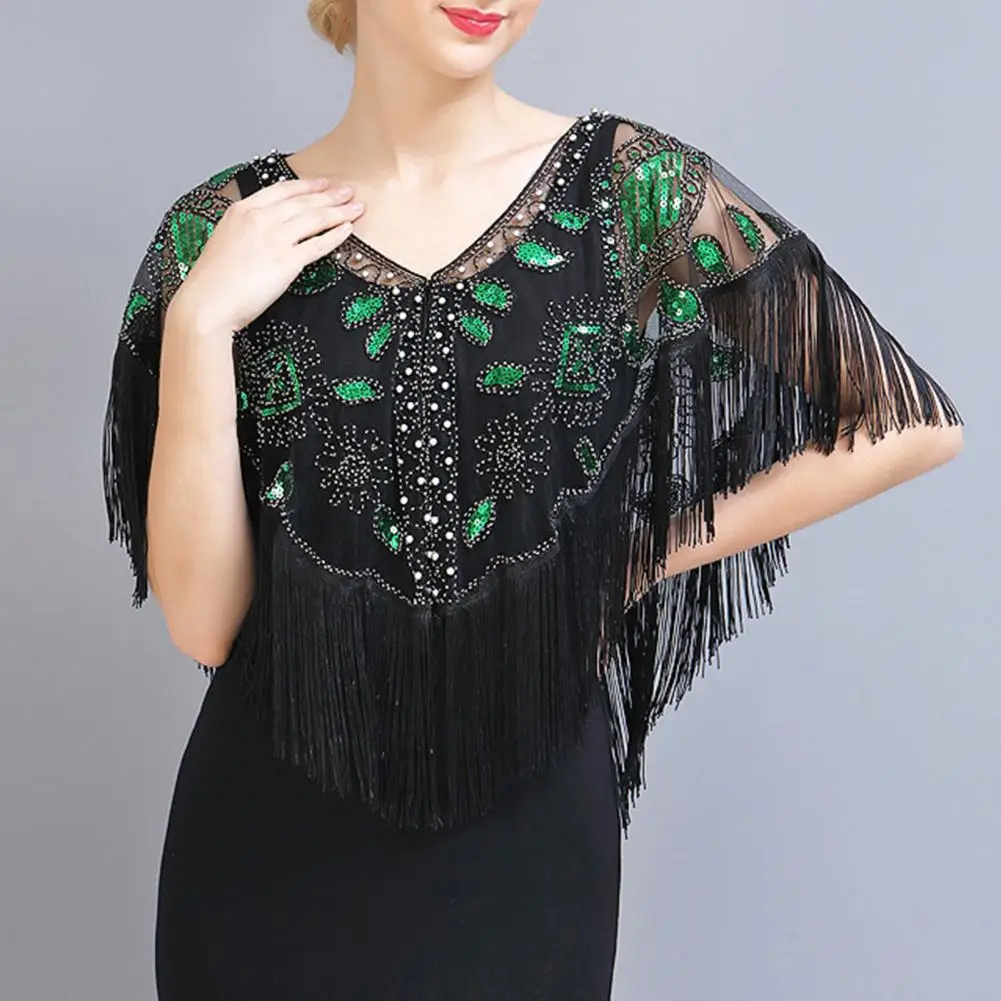 Scialle con paillettes da donna 1920s con nappe frange di perle con perline tinta unita involucri a rete trasparente Gatsby Flapper Bolero Cape Cover Up