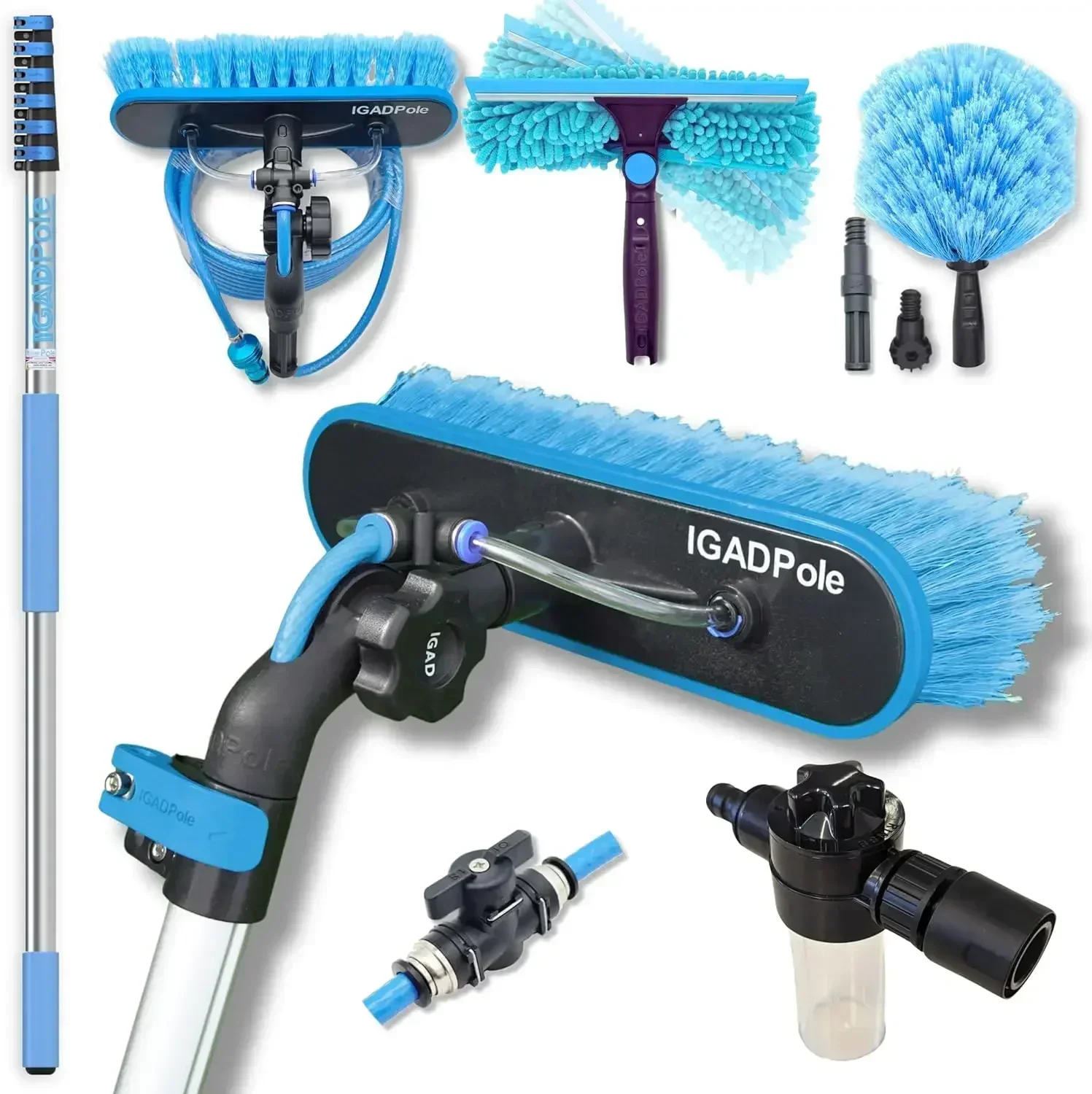 24ftPole Washing Kit: Water-fed Brush, Cobweb Duster and 10” Squeegee and Soap Dispenser, with 6-Stage Telescoping