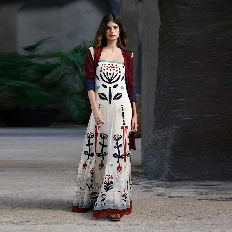 

Women's Print Slip Dress 2026 Summer Sleeveless Mesh Backless Vintage Long Dress Female Fashion Beach Party Evening Robe Gown