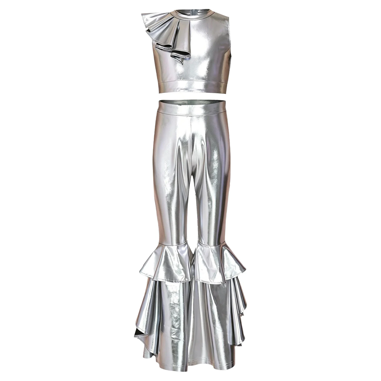 Kids Girls Disco Costume Jazz Dance Cheerleading Performance Outfit Metallic Shiny Back Zipper Crop Vest Top with Flared Pants