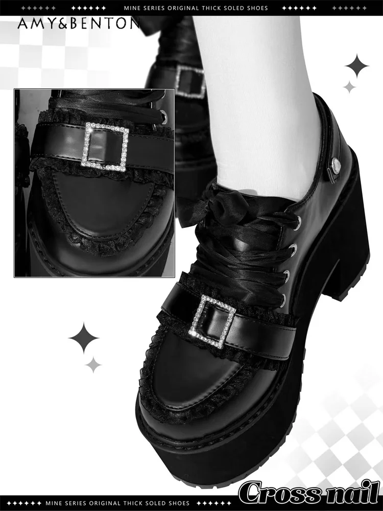 Original Japanese Mid-heeled Platform Shoes Subculture Mine Cross Chain Rhinestone High Heels Round Head Lace-up Shoes Women